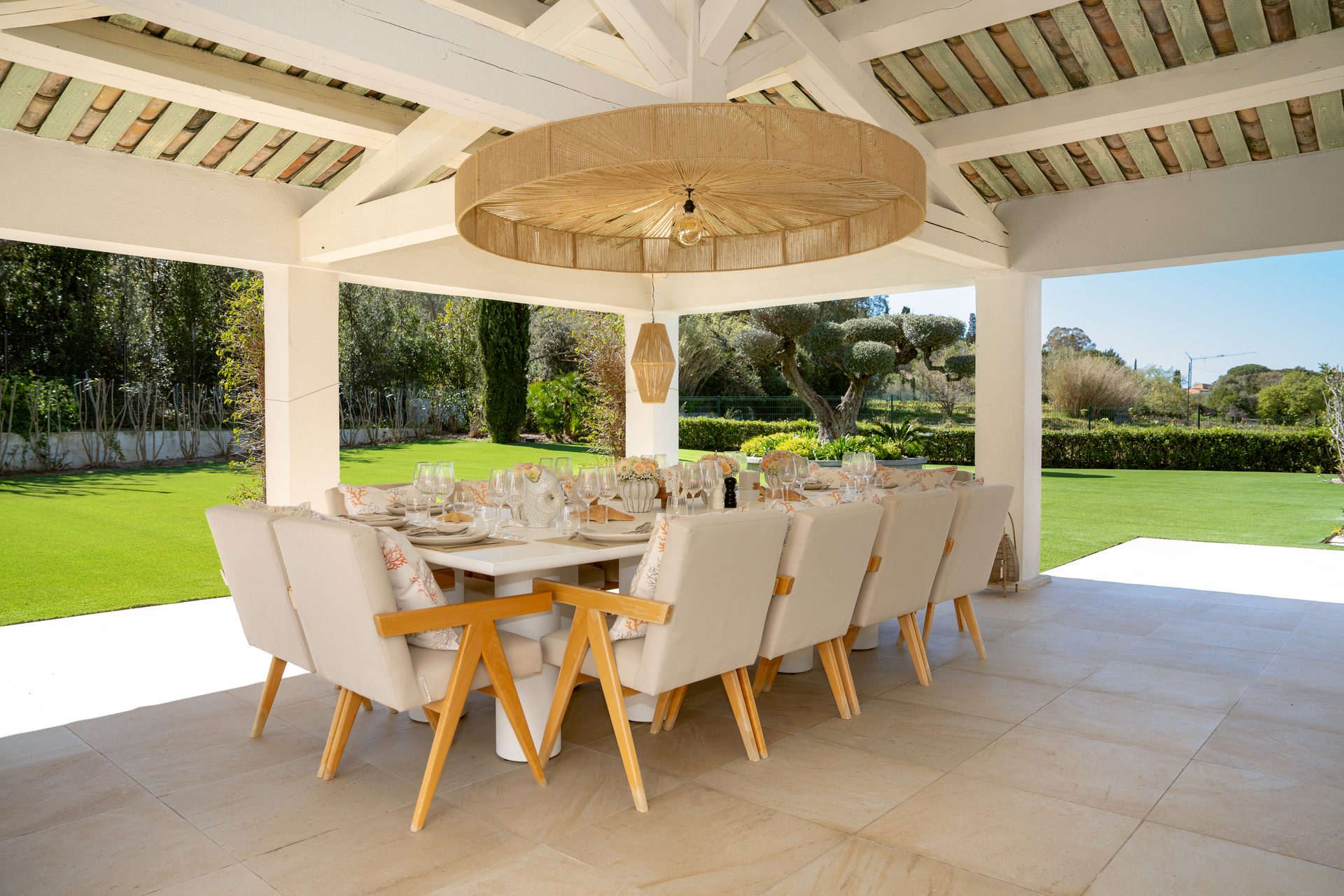 Covered outdoor dining pavilion (12 seats) — Villa Carpe Diem, pool and olive grove view